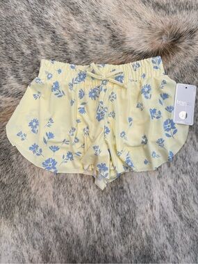 Pale Yellow Floral Drawstring Athletic Shorts